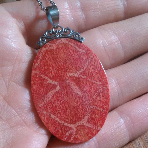 Red Sponge Coral Sterling Silver Pendant Stainless Steel Necklace - Picture 9 of 14